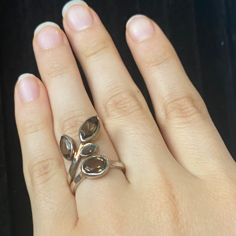 Smoky Quartz Multi-Stone on Sterling Silver Ring - Leaf Pattern Gemstone